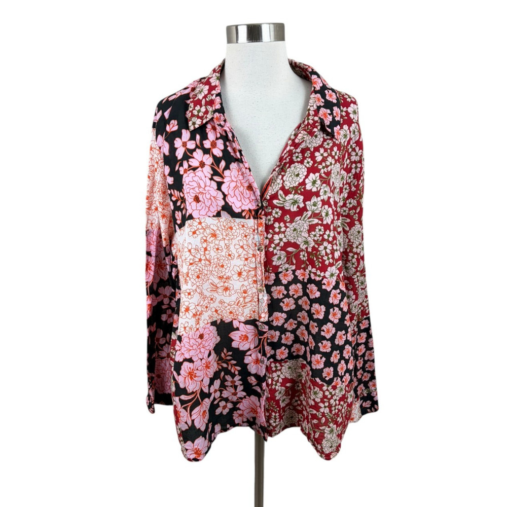 Johnny Was Workshop XL Pink Black Floral Patchwork Tunic Shirt Artsy